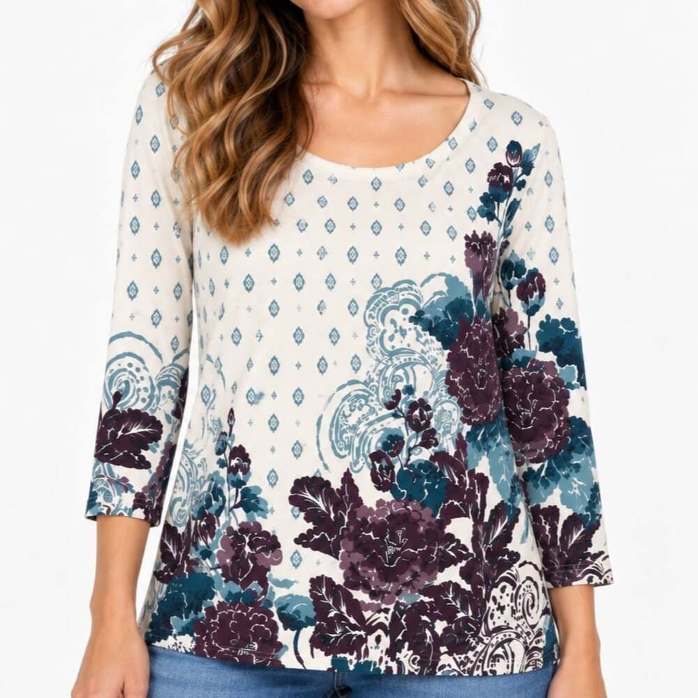 Chico's Floral Paisley Mixed Print Scoop Neck 3/4 Sleeve Knit Top